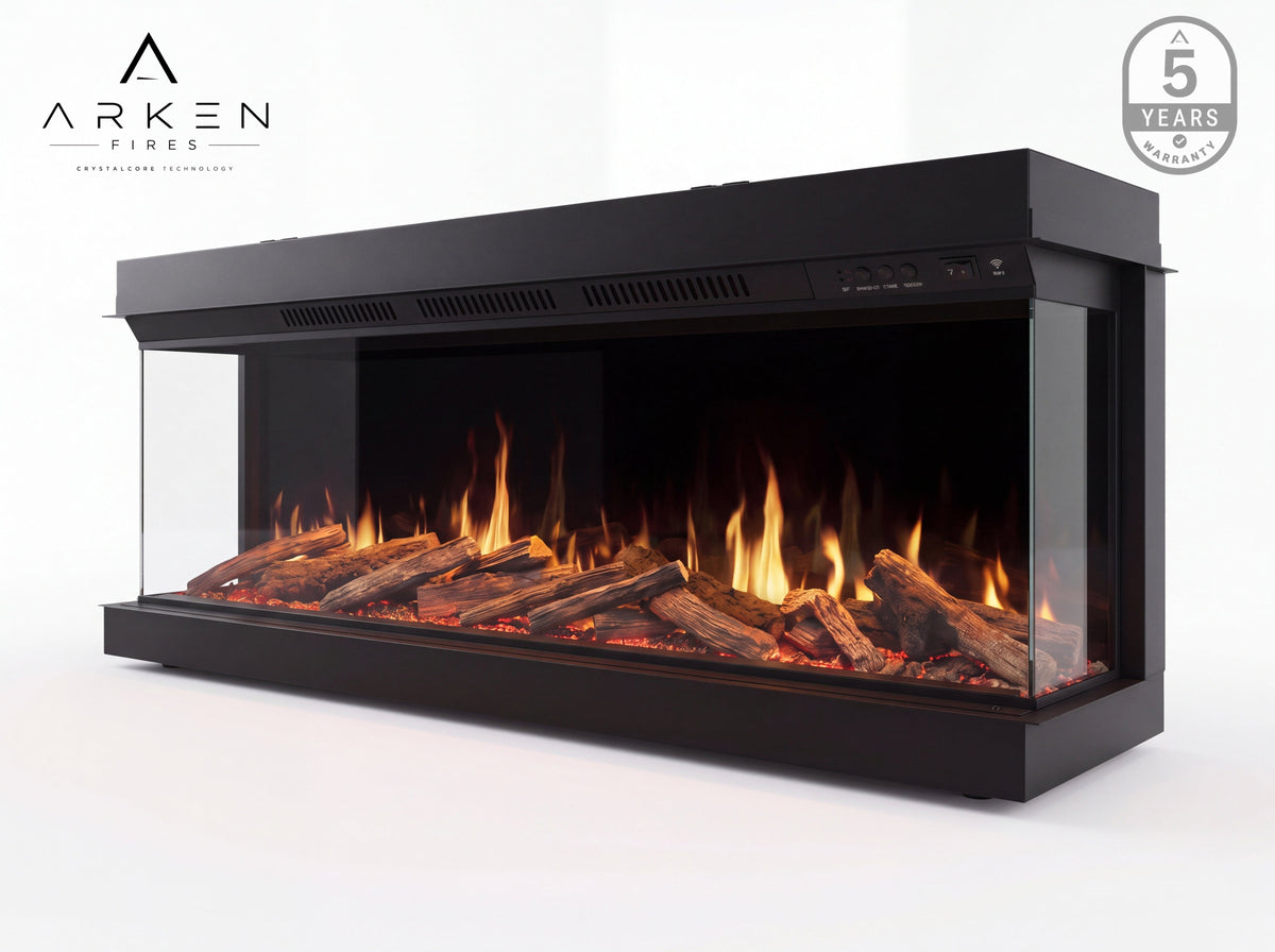 Arken Scandinavian-inspired 3-sided electric fire built into a modern media wall
