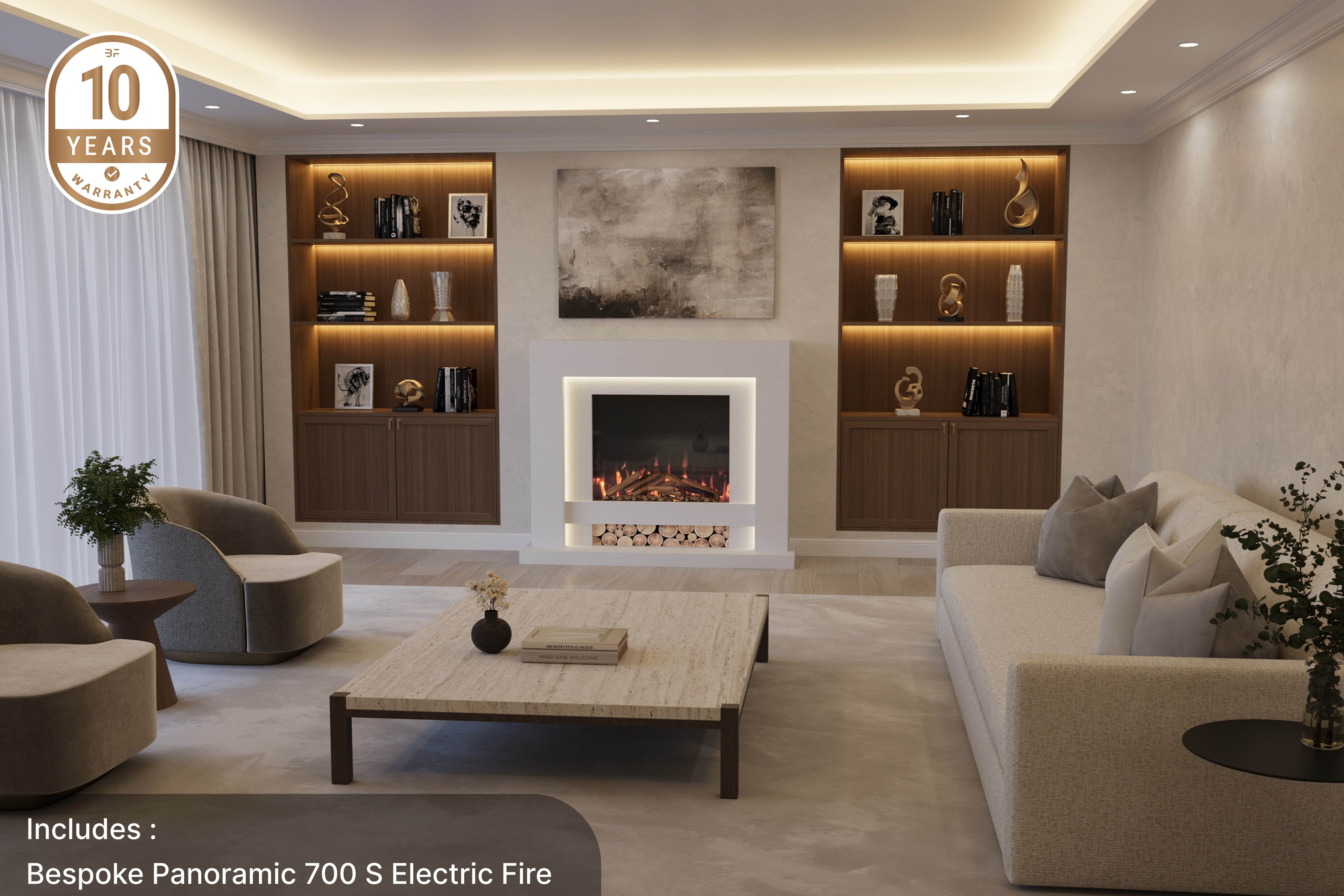 Aspen contemporary marble fireplace suite with electric fire in a modern living room