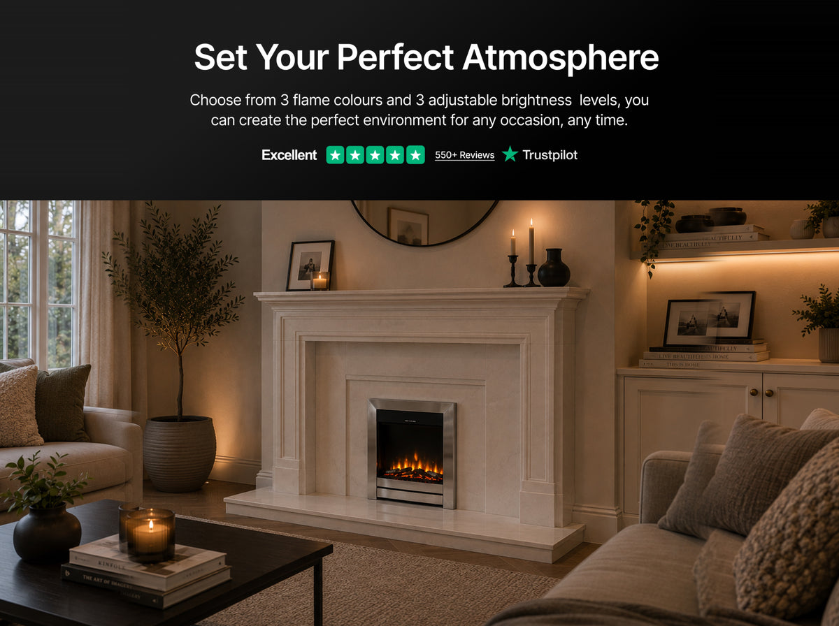 BS 16X HD+ inset electric fire in a white fireplace surround in a cosy living room