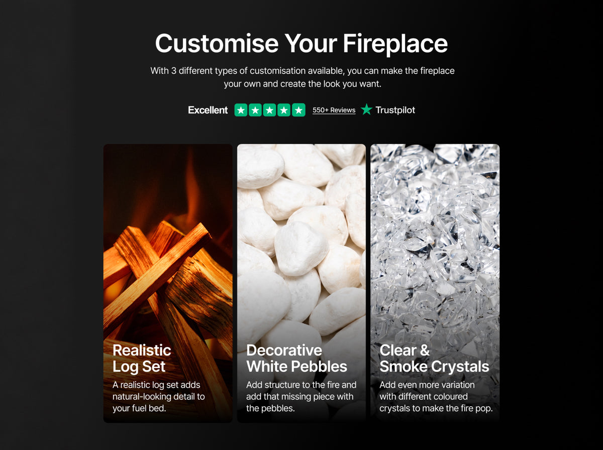 BS 16X HD+ fuel bed options: realistic log set, white pebbles, clear and smoke crystals