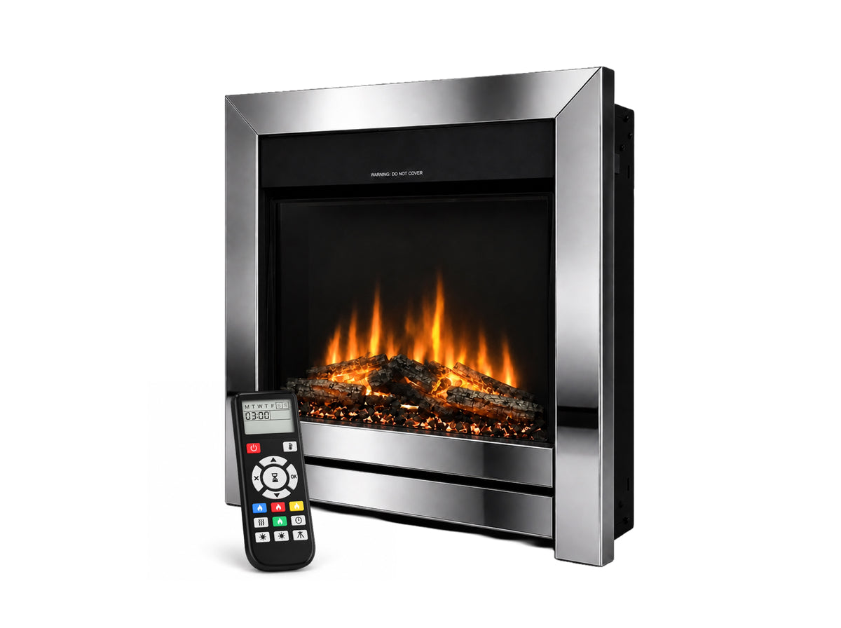 BS 16X HD+ inset electric fire with steel frame, LED log flame effect and remote control