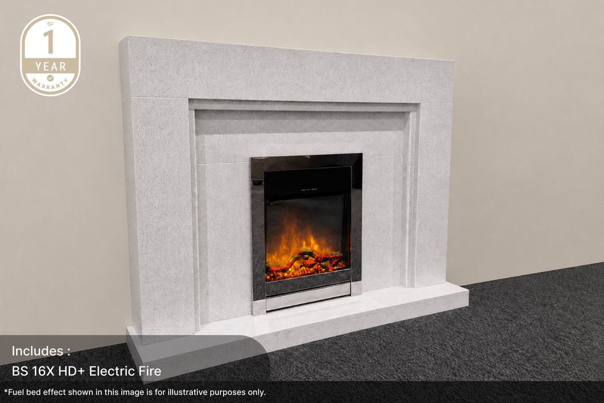 Denver marble fireplace suite in Speckle White with BS 16X HD+ electric fire – view 1