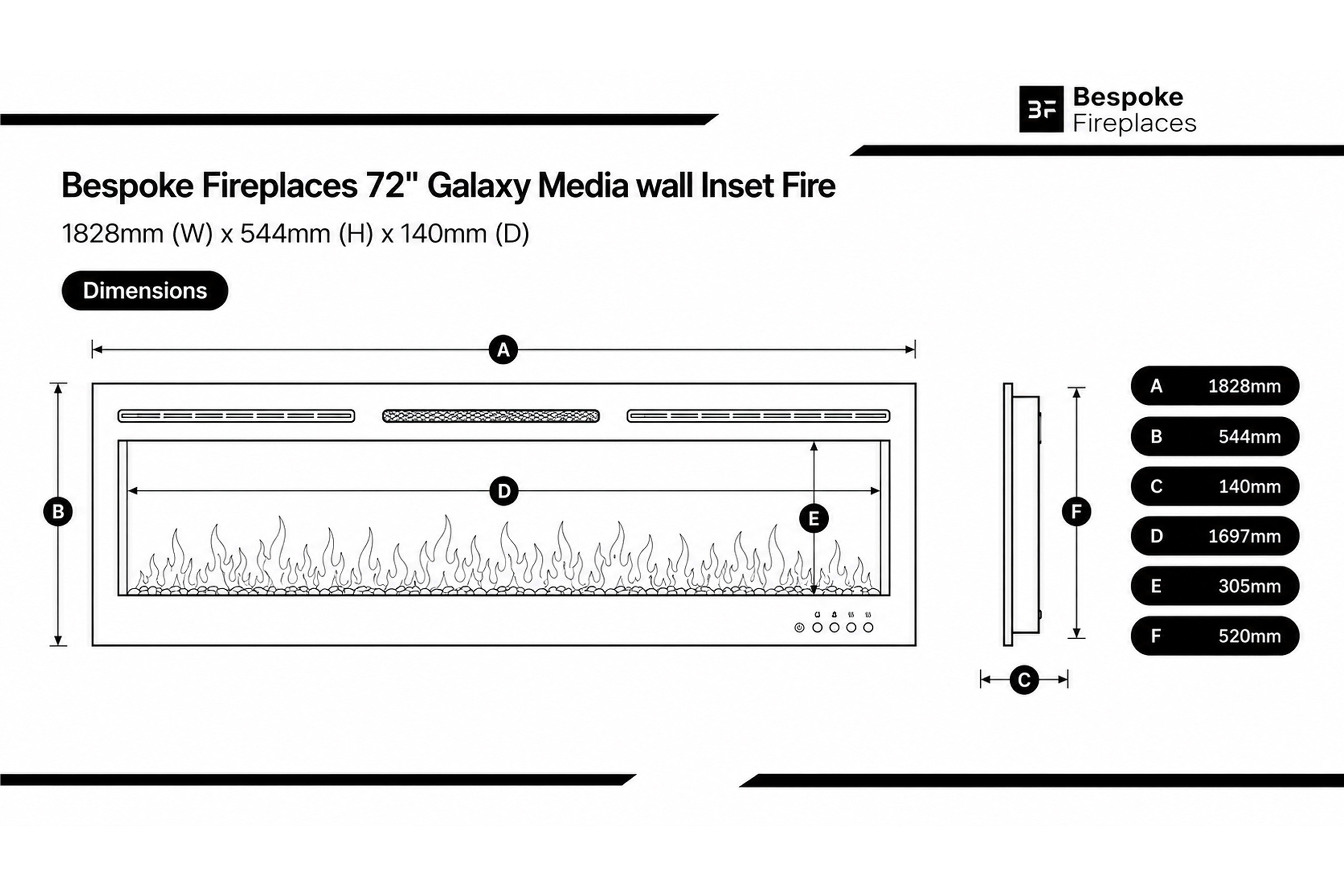 OUTLET - Bespoke Fireplaces 72" Galaxy Media wall Inset Fire