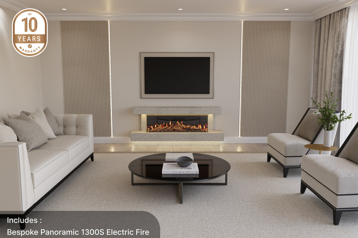 Lazio S 1300 slim panoramic marble fireplace suite in Italian Grey with Panoramic S electric fire