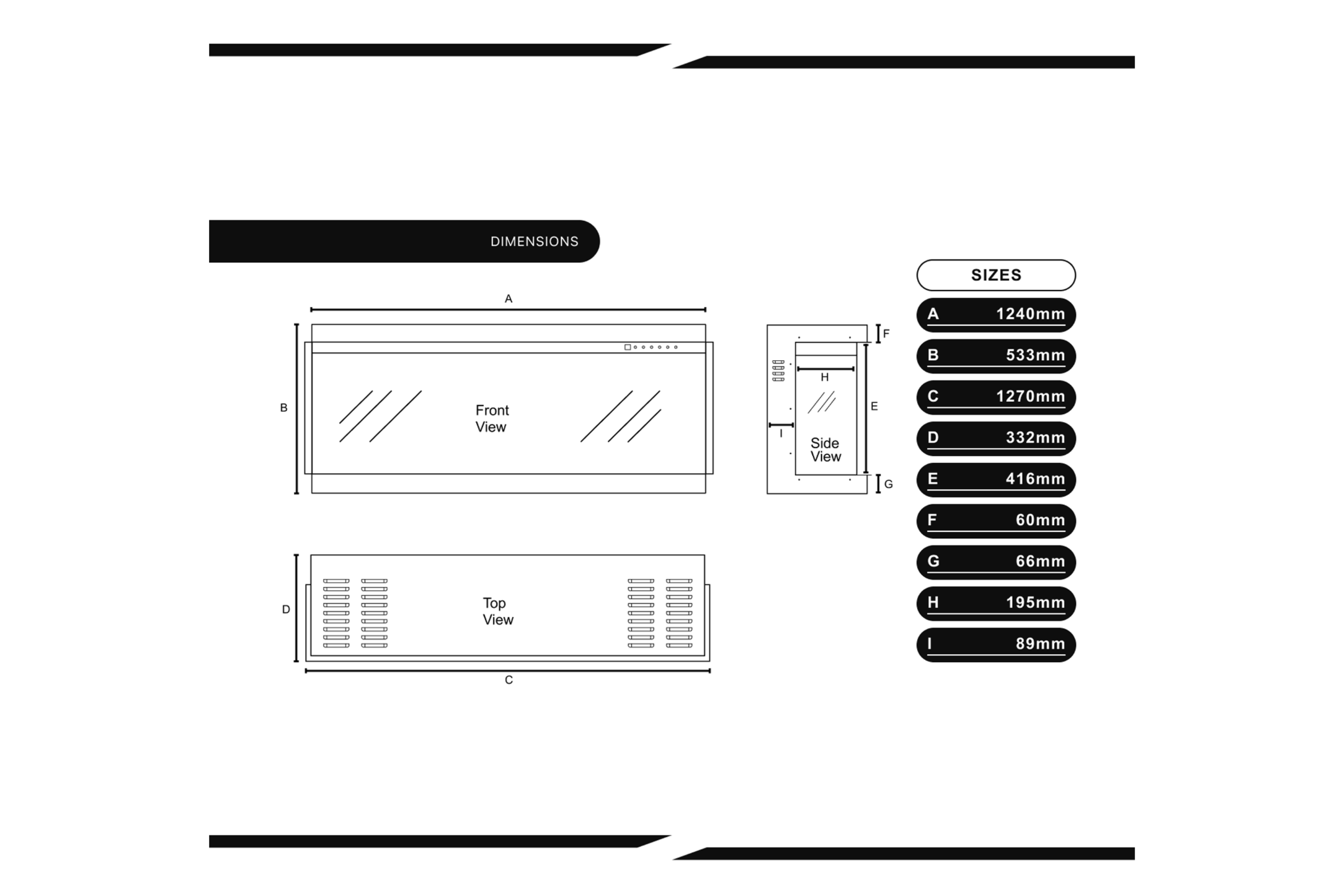 Technical diagram with dimensions and sizes of a product on a white background