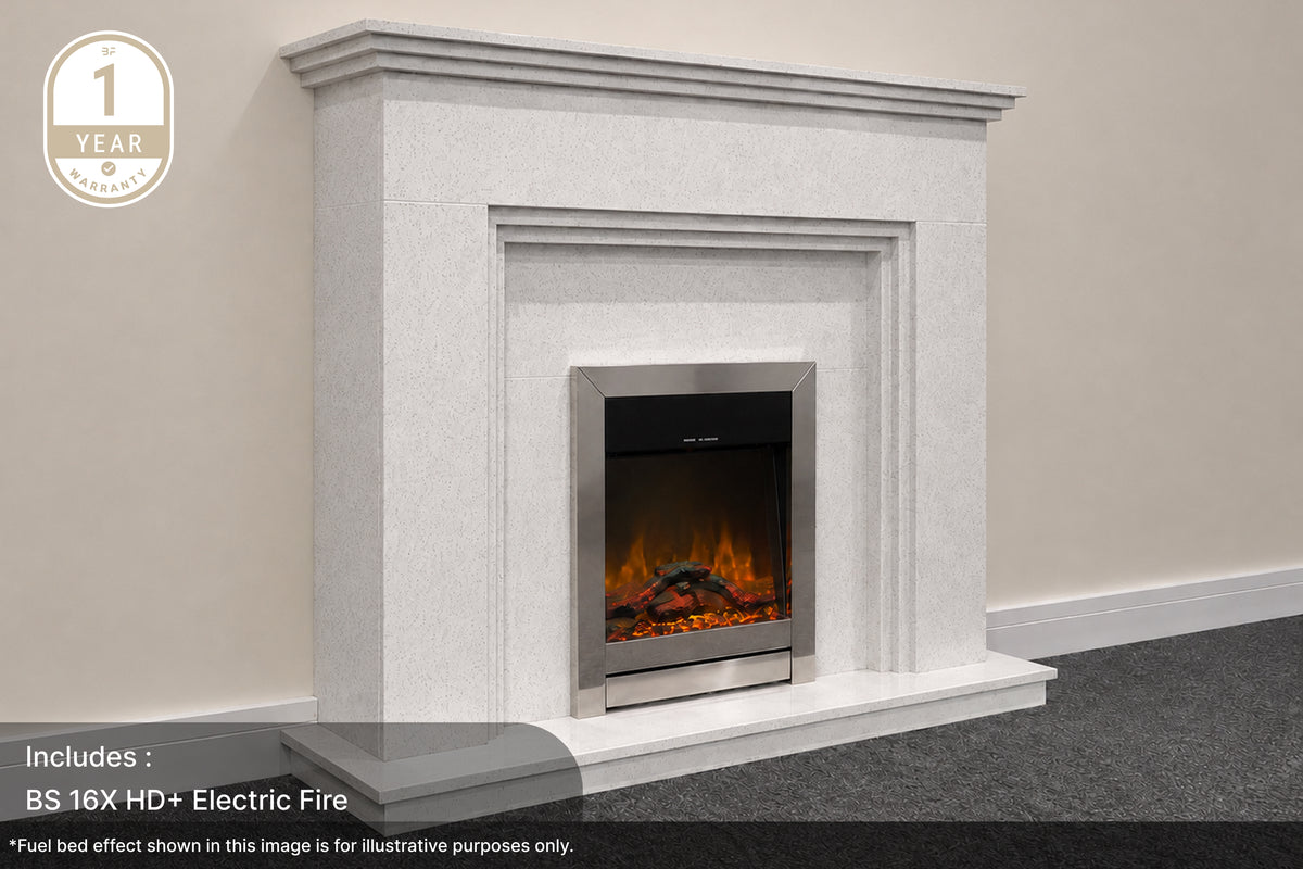 Step Elite marble fireplace suite in Speckle White with BS 16X HD+ electric fire – view 2