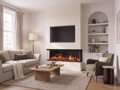 Arken 1500 panoramic electric fire in a media wall installation