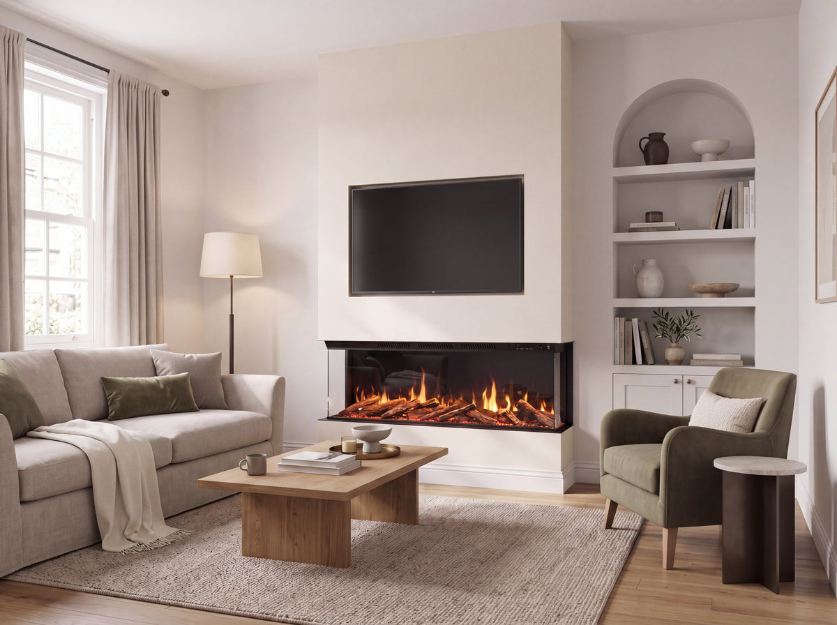 Arken 1500 panoramic electric fire in a media wall installation