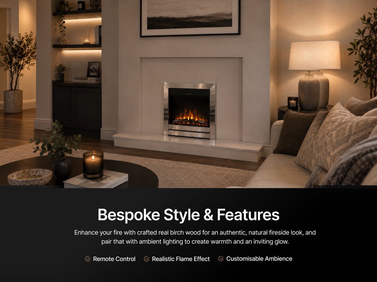BS 16X HD+ inset electric fire installed in a cream fireplace surround