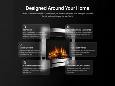 BS 16X HD+ features: LED flame, adjustable flame colours, dual heat settings, touch controls, customisable fuel bed