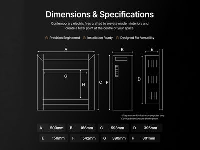 BS 16X HD+ inset electric fire dimensions diagram, 500mm wide x 593mm high x 166mm deep