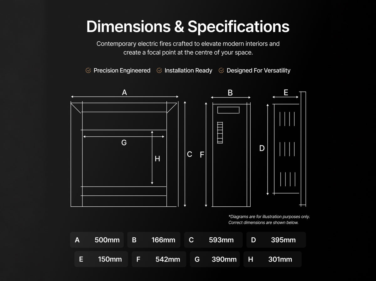 BS 16X HD+ inset electric fire dimensions diagram, 500mm wide x 593mm high x 166mm deep