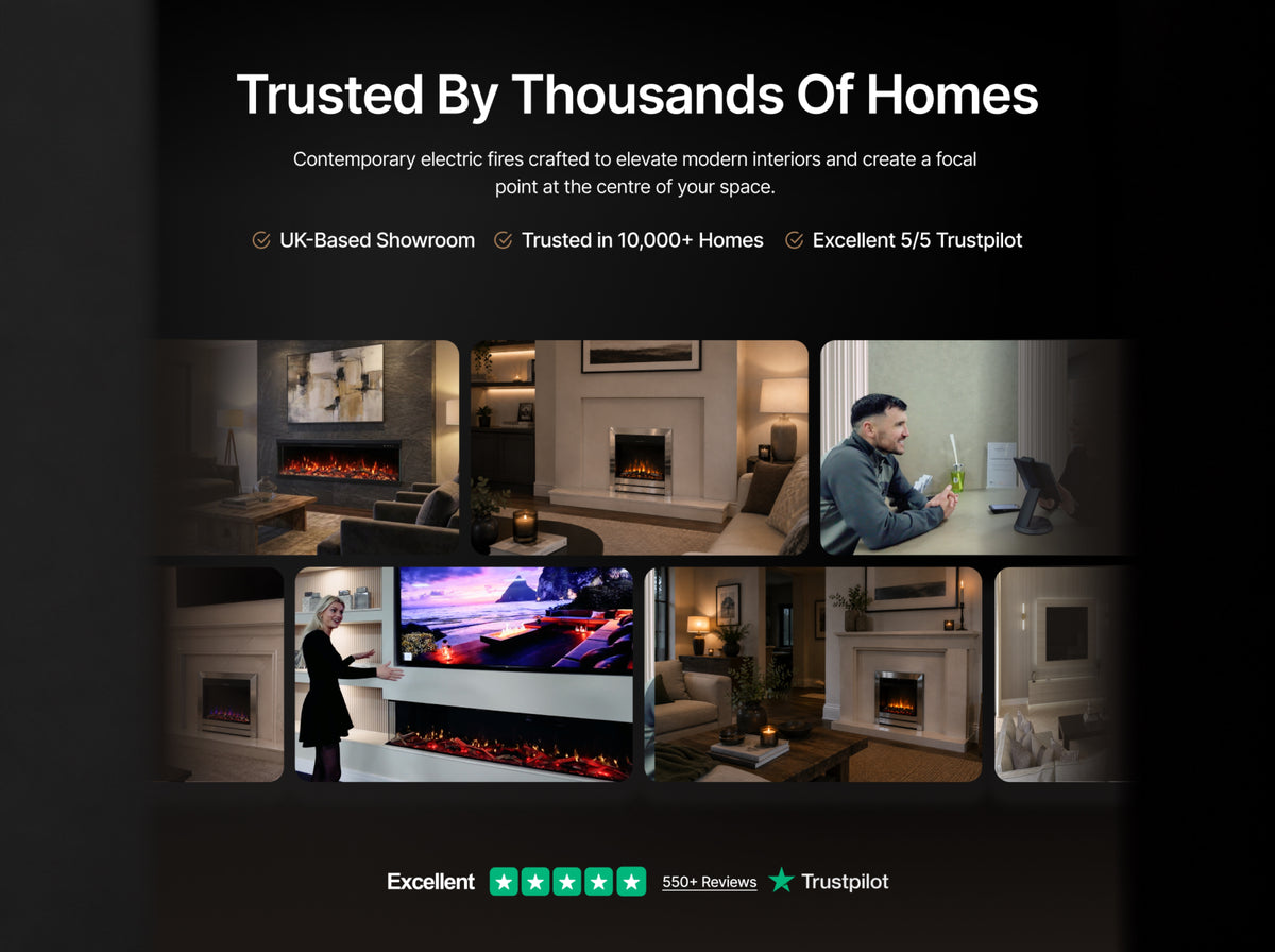 Bespoke Fireplaces customer homes with electric fires, rated Excellent on Trustpilot