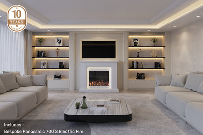 Costello luxury marble fireplace suite with electric fire in a contemporary living room