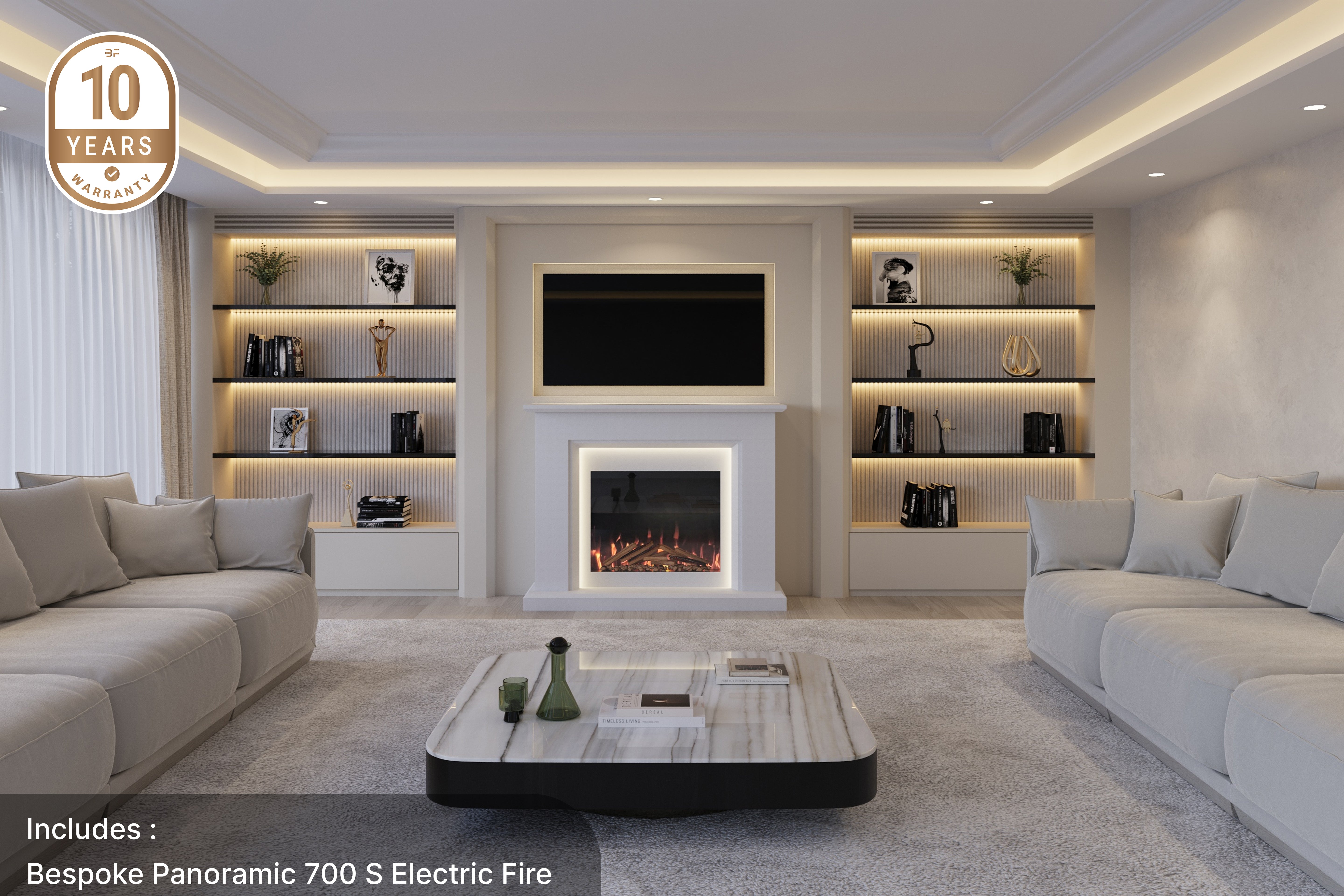 Costello luxury marble fireplace suite with electric fire in a contemporary living room