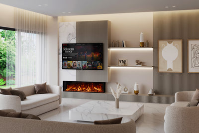 Contemporary media wall featuring the Panoramic X electric fire