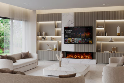 Panoramic X 3-Sided Media Wall Electric Fire installed in a modern living room