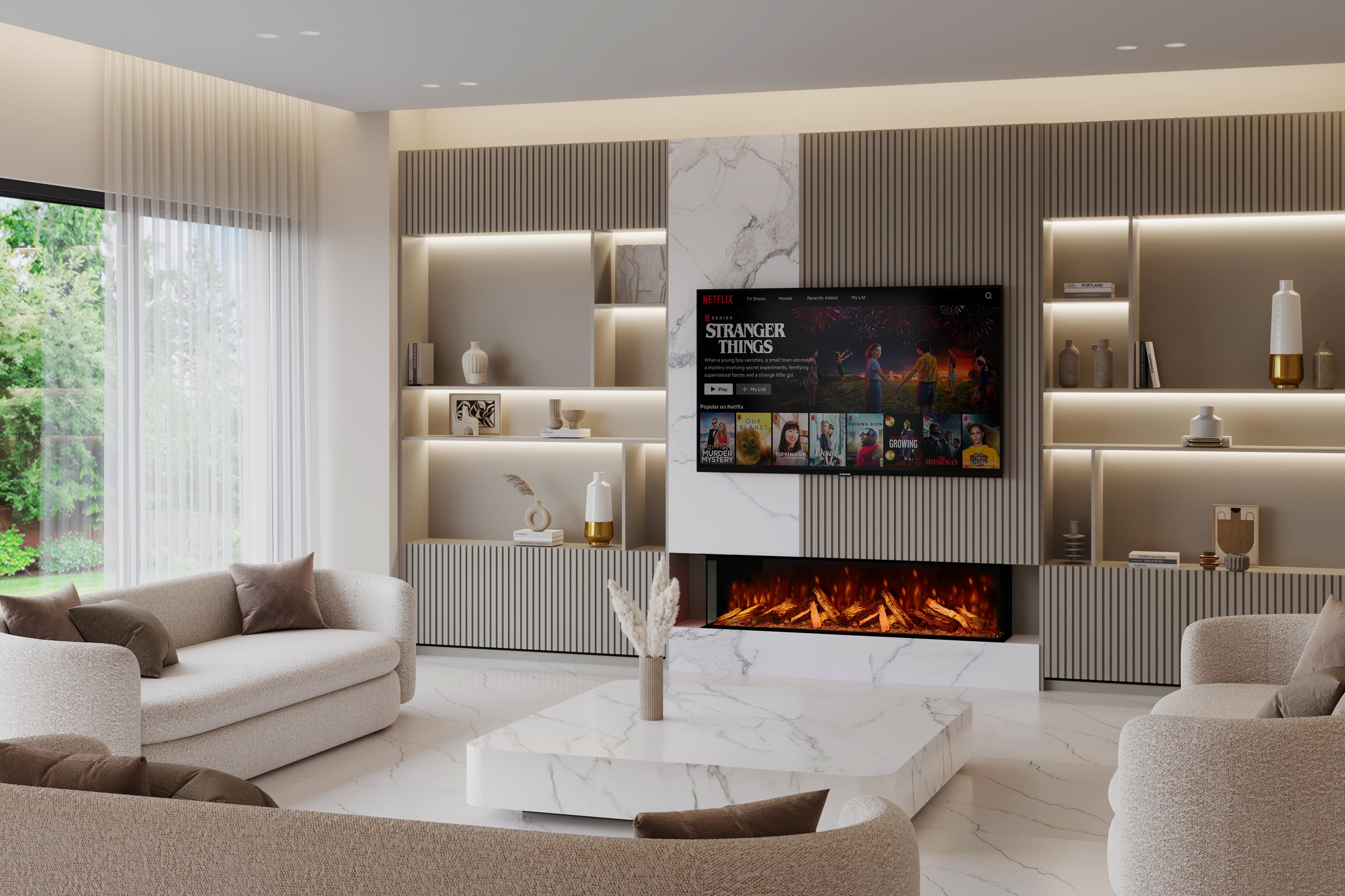 Panoramic X 3-Sided Media Wall Electric Fire installed in a modern living room