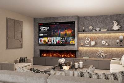 Panoramic X 3-Sided Media Wall Electric Fire installed in a modern living room