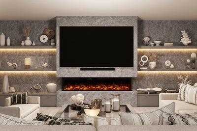 Contemporary media wall featuring the Panoramic X electric fire