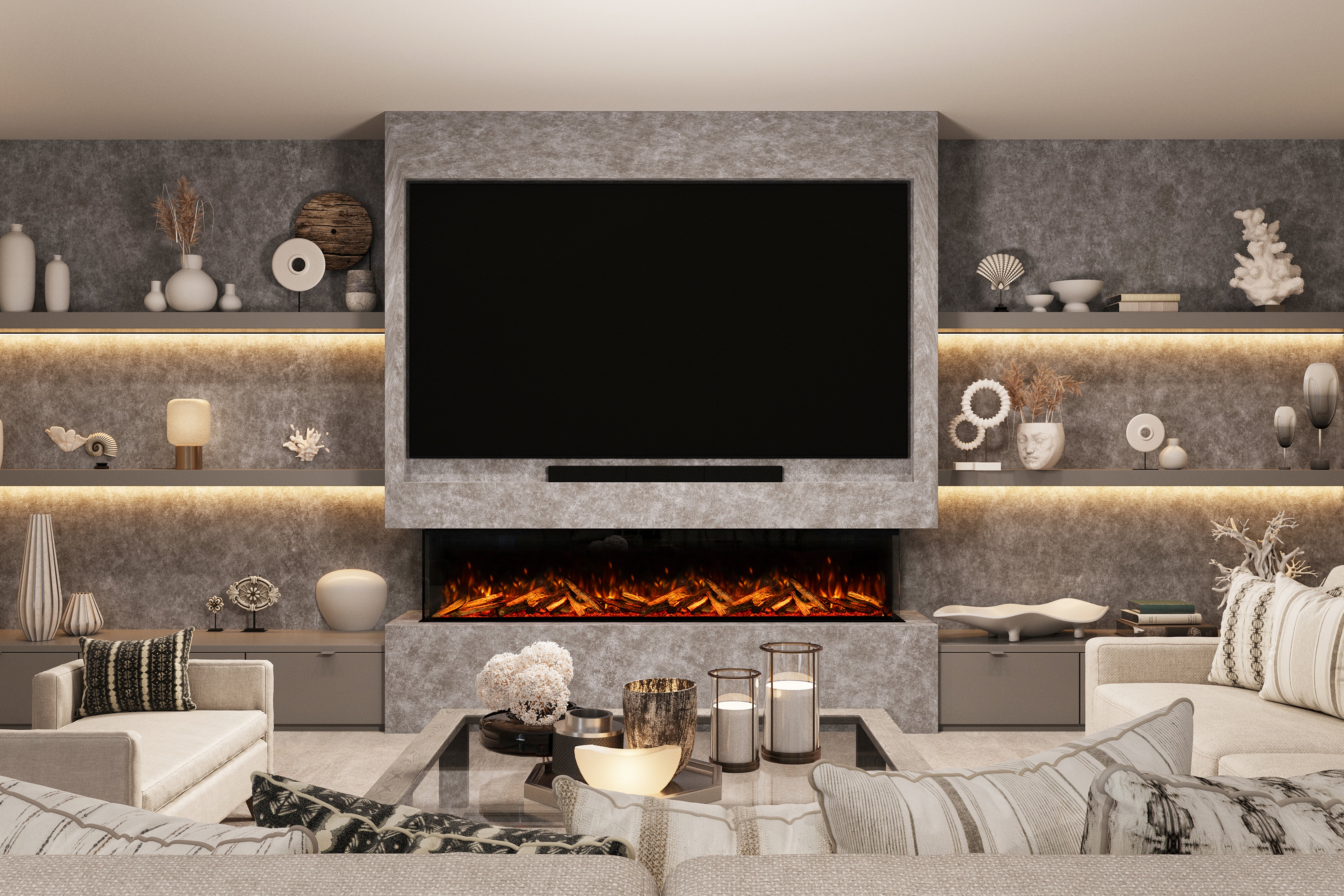 Contemporary media wall featuring the Panoramic X electric fire
