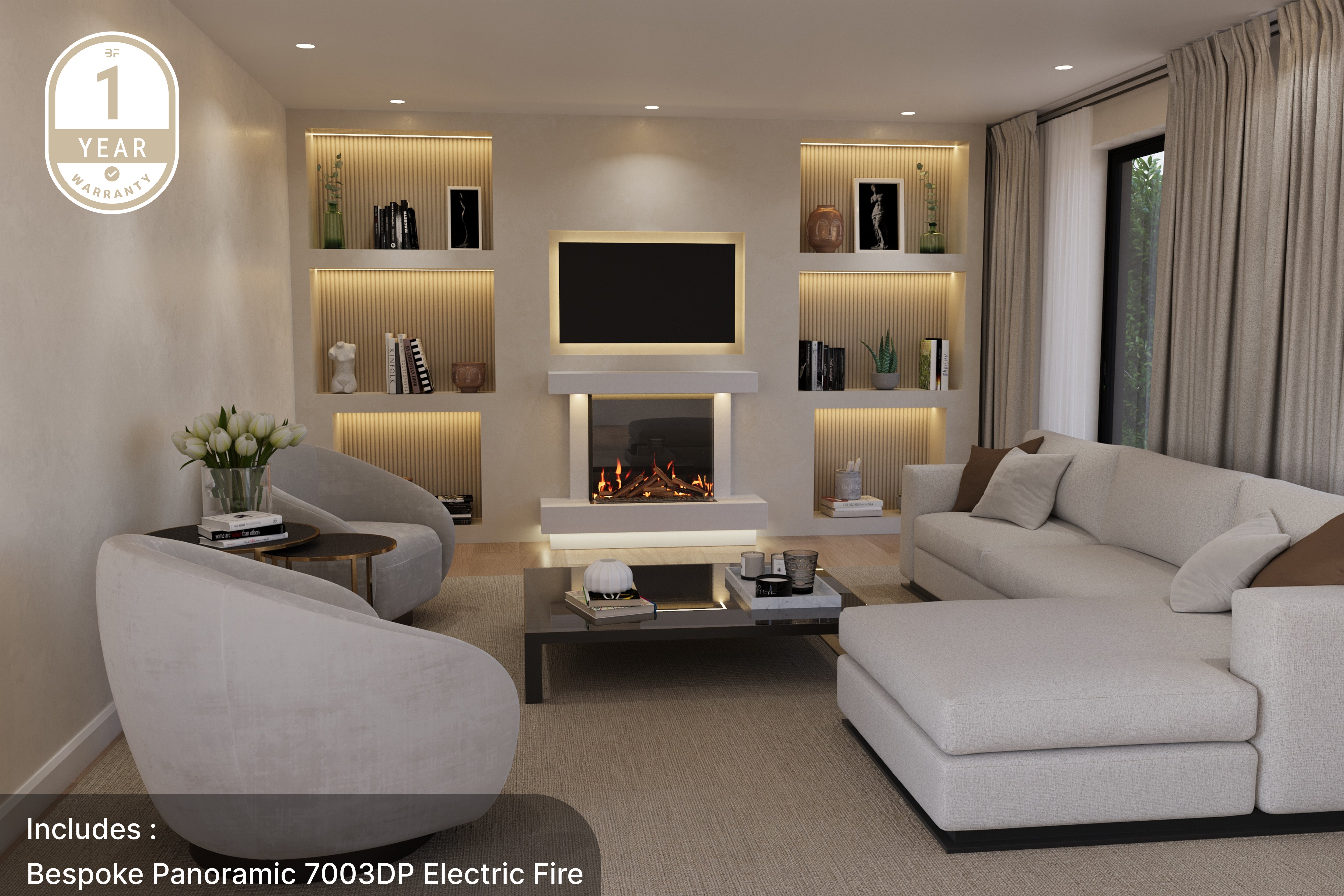 Lazio X marble fireplace suite with panoramic electric fire in a modern living room