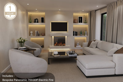 Luxury marble fireplace surround with built-in panoramic electric fire