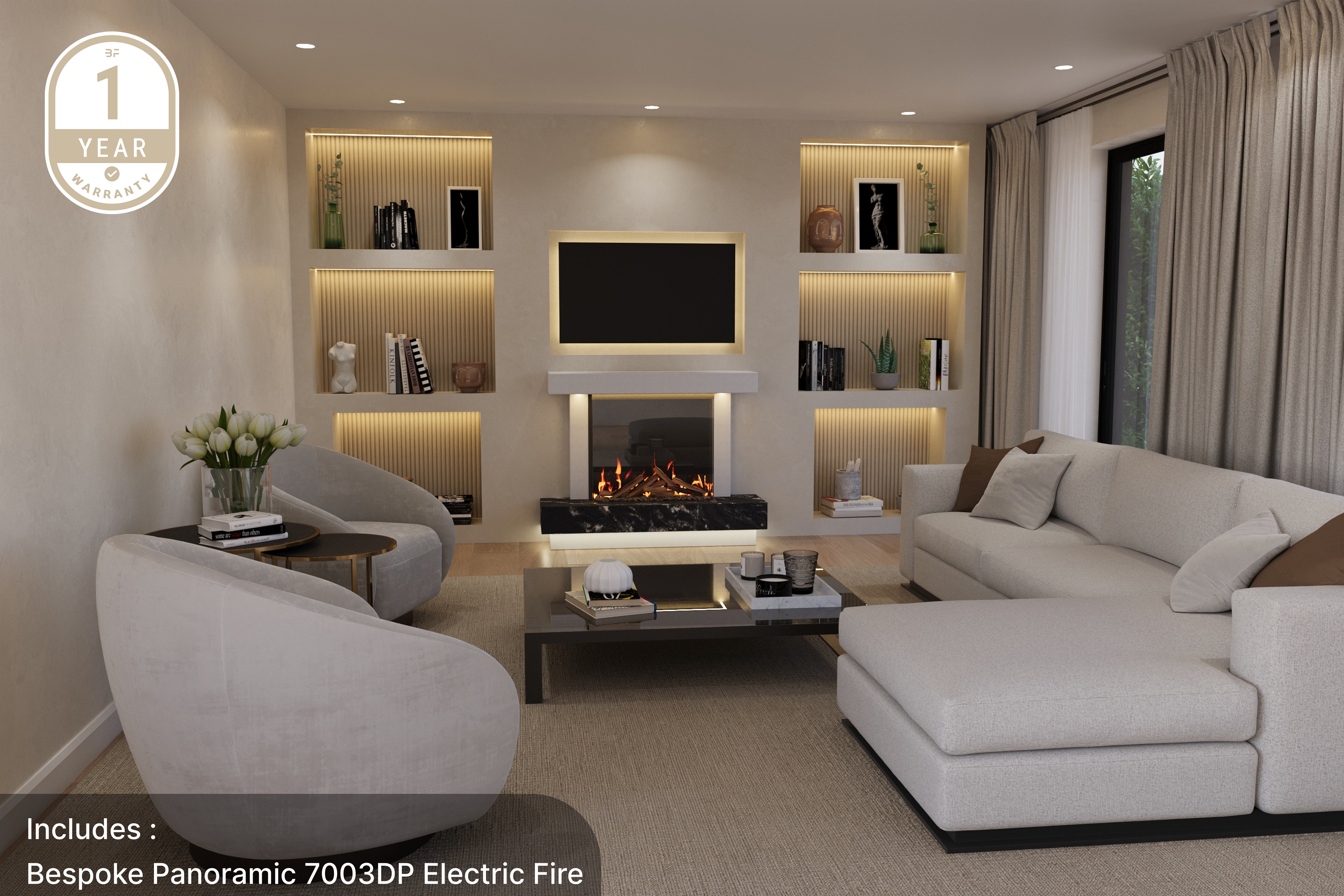 Premium white marble fireplace with panoramic electric fire