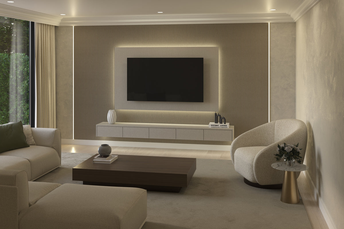 Miami Wall media wall with 5 wall mounted units and Beige Textile TV feature panel