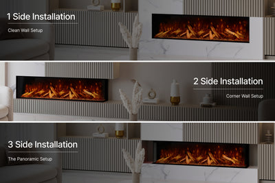 Side glass view of the Panoramic X media wall electric fire. Panoramic X electric fire close-up showing realistic flame effects