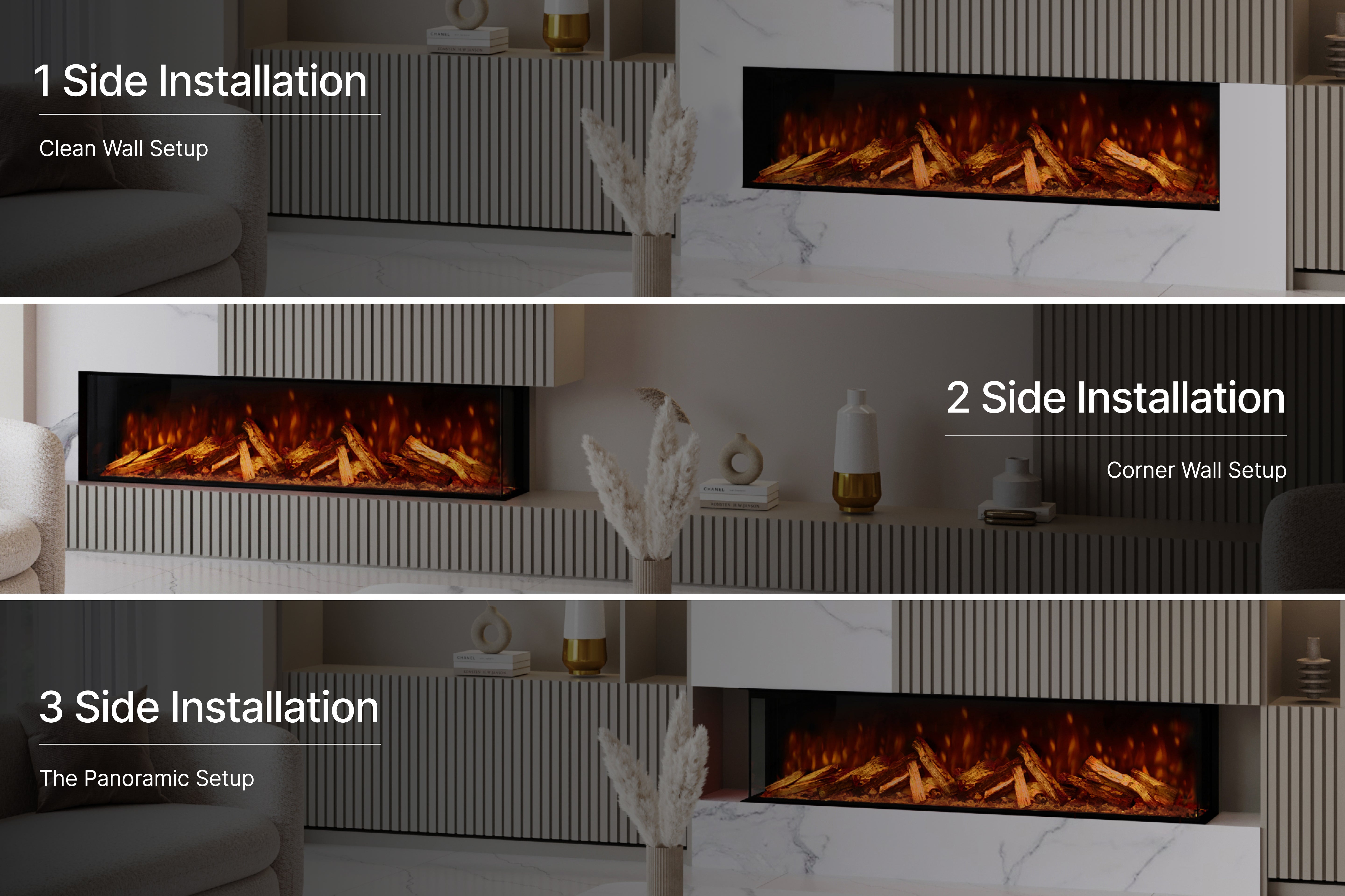 Side glass view of the Panoramic X media wall electric fire. Panoramic X electric fire close-up showing realistic flame effects