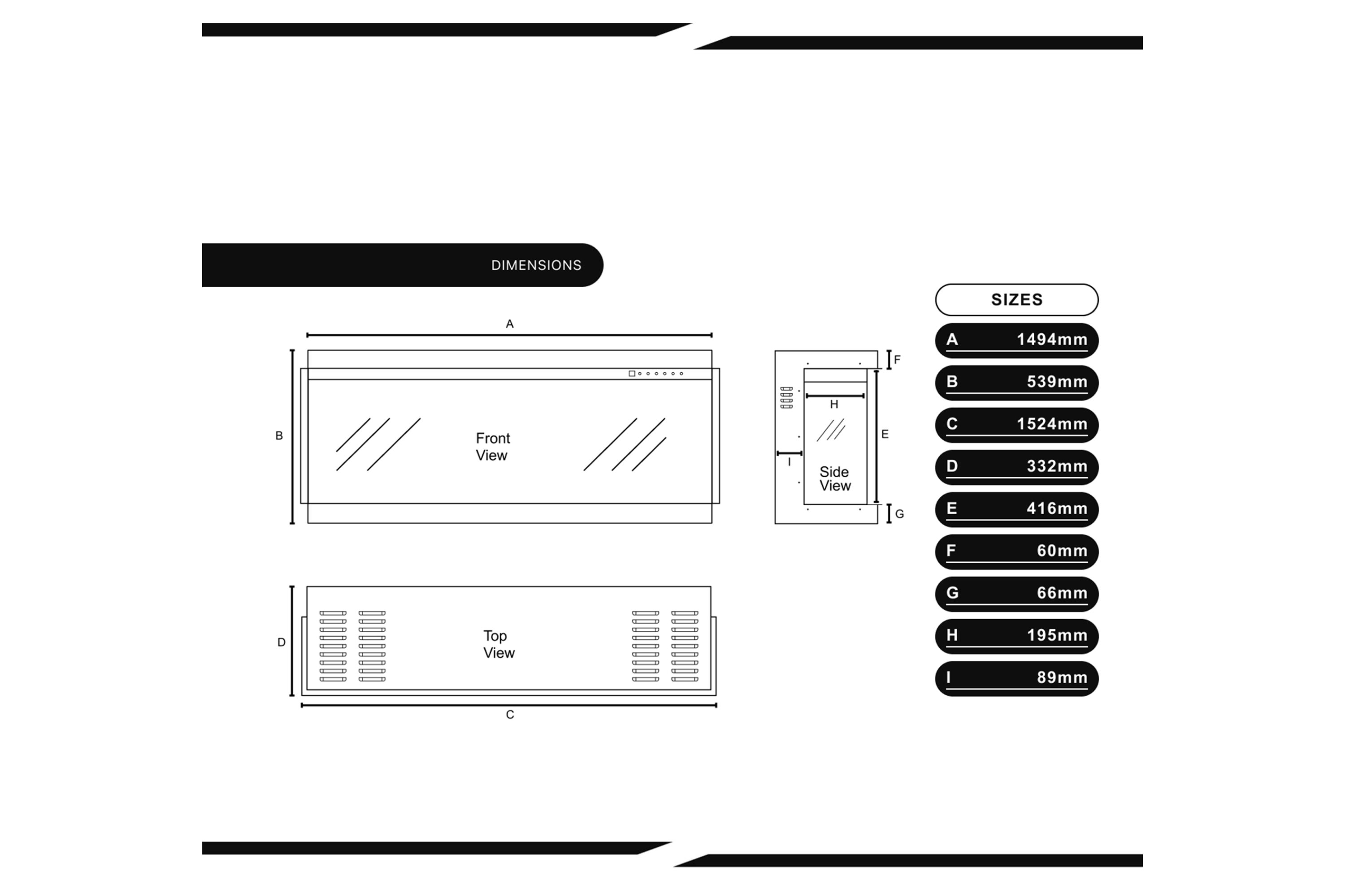 Technical drawing with dimensions and views of a product on a white background