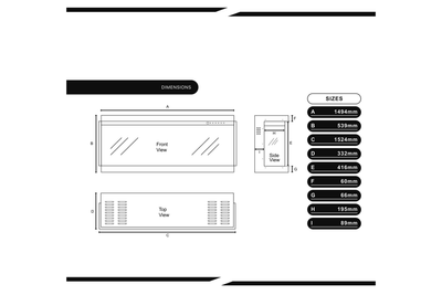Technical drawing with dimensions and views of a product on a white background