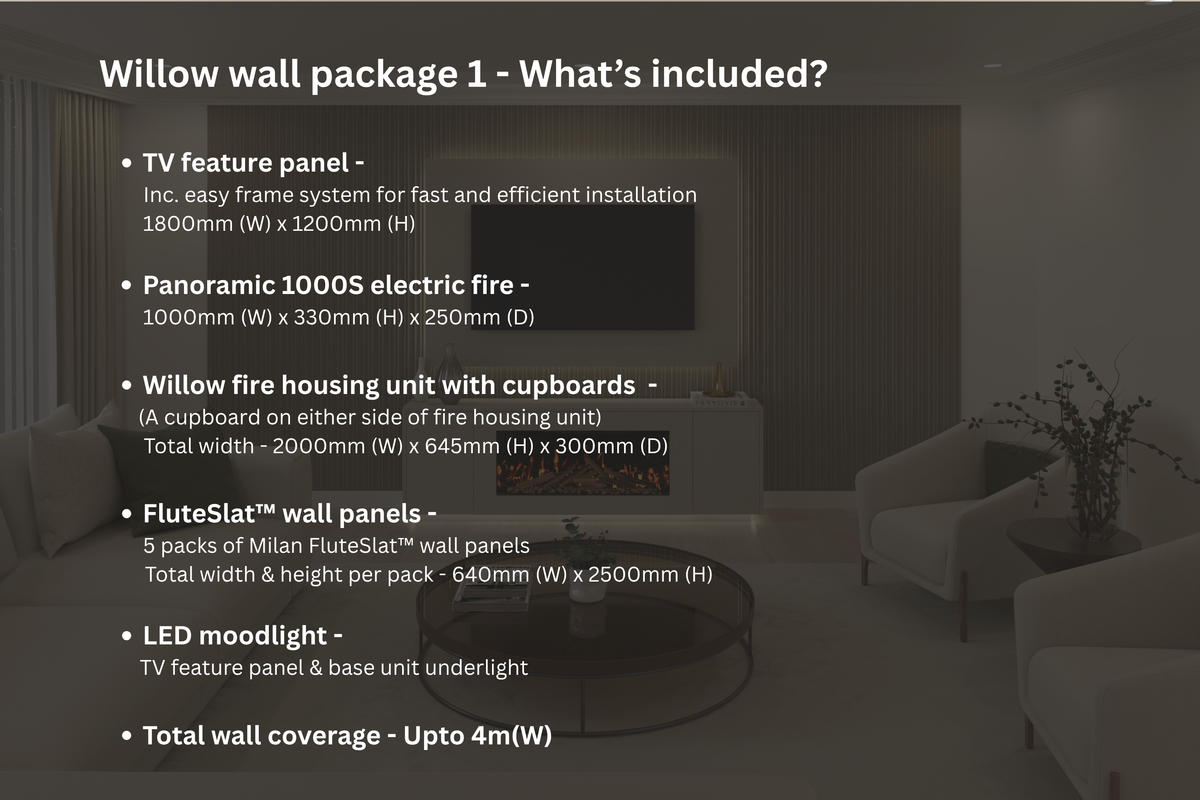 Willow Wall Floor Mounted Media Wall with Electric Fire Package