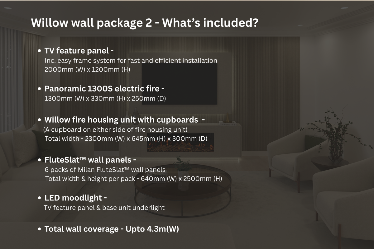Willow Wall Floor Mounted Media Wall with Electric Fire Package