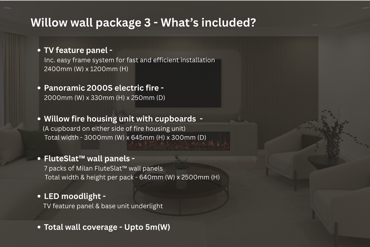 Willow Wall Floor Mounted Media Wall with Electric Fire Package