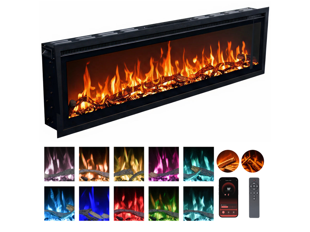 Valine Linear ultra slim recessed electric fire with orange flames, a glowing fuel bed, flame colour options, mobile app and remote control.