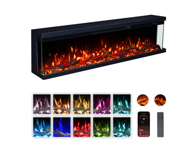 Valine Panoramic slimline three-sided electric fire with orange flames, a glowing fuel bed, flame colour options, mobile app and remote control.