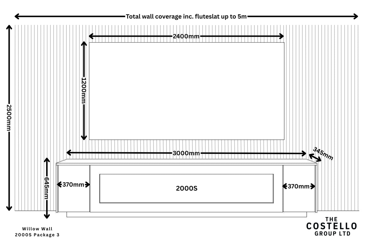 Willow Wall Floor Mounted Media Wall with Electric Fire Package