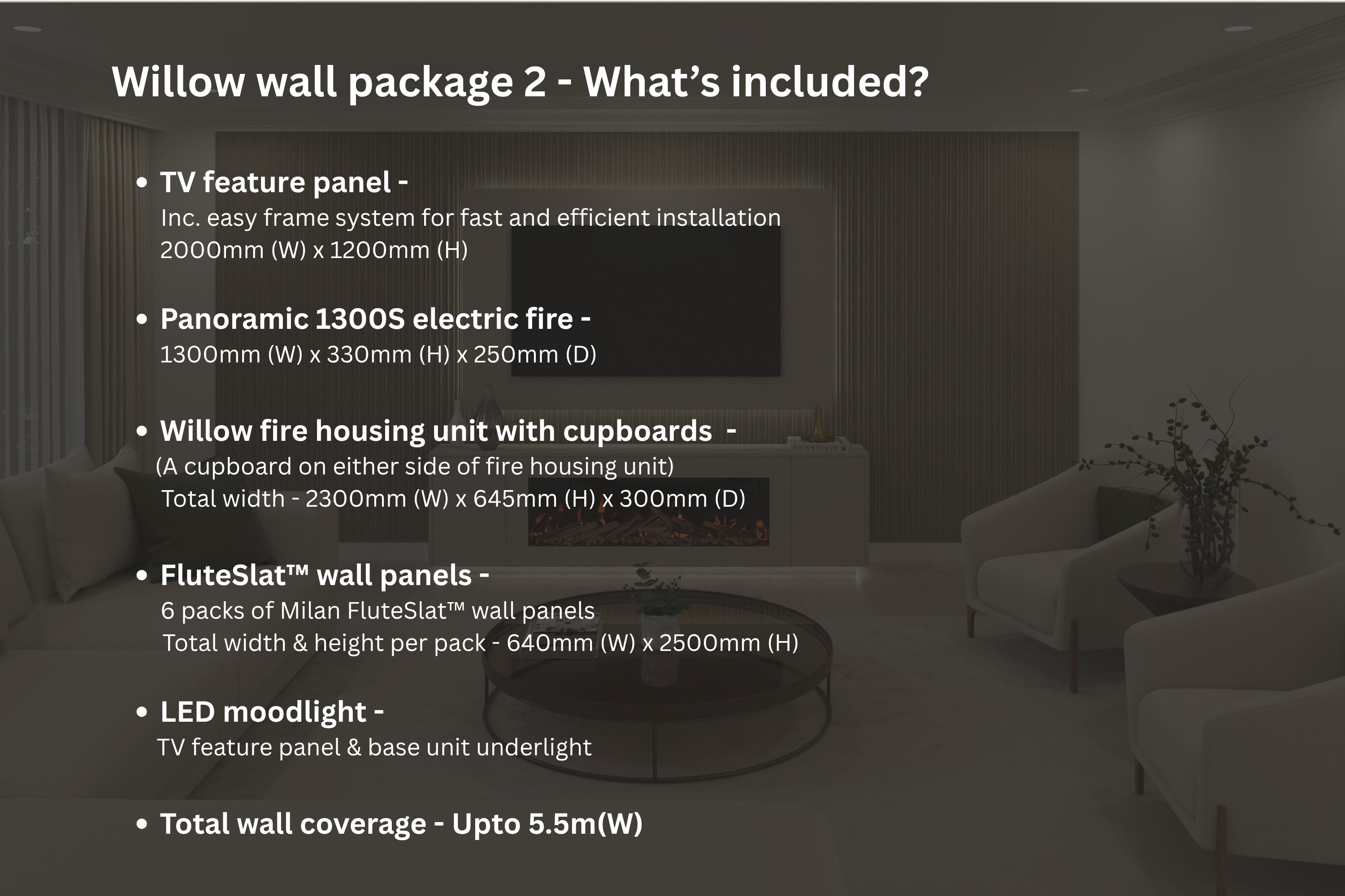 Willow Wall Floor Mounted Media Wall Electric Fire Package