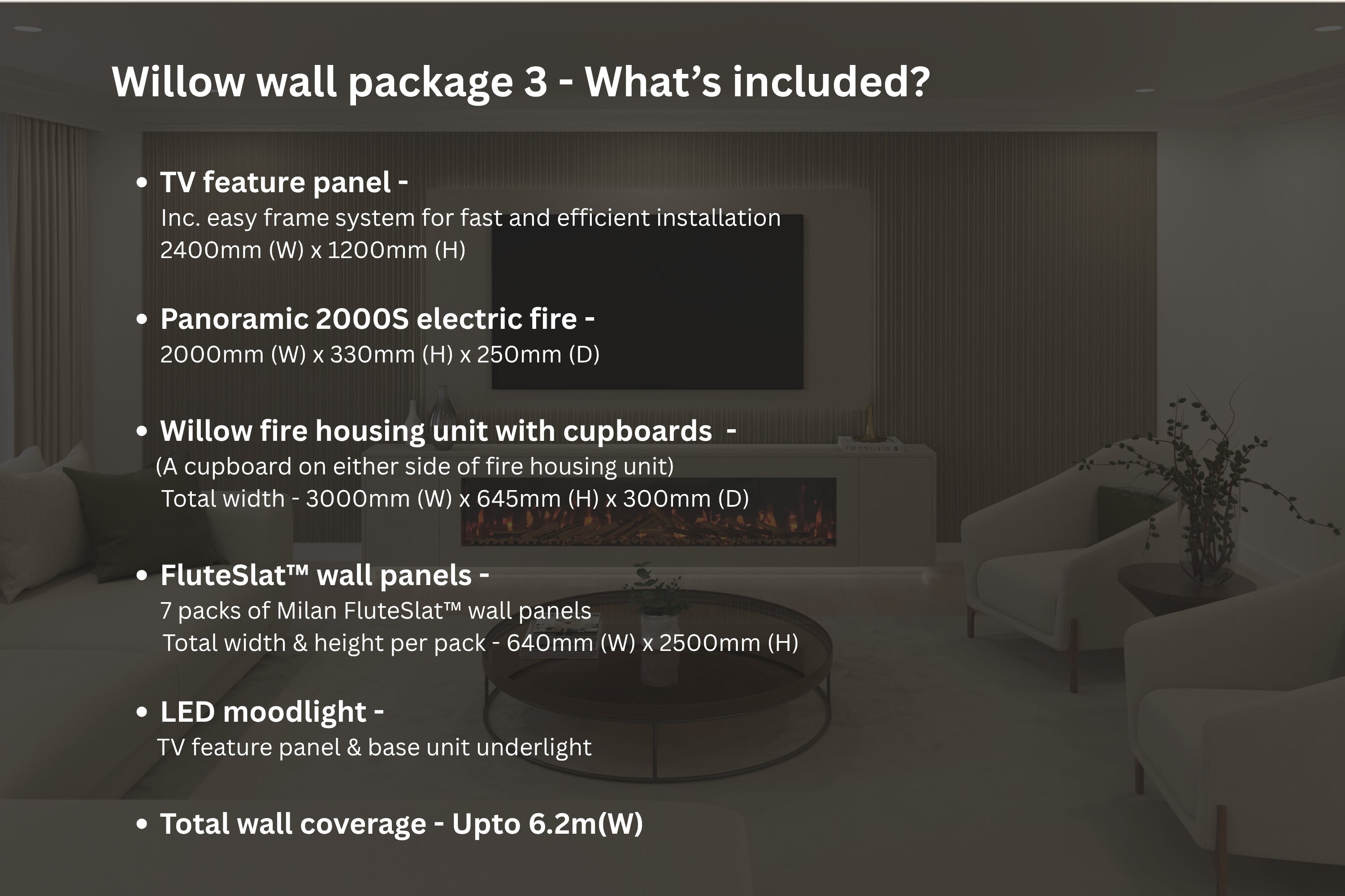 Willow Wall Floor Mounted Media Wall Electric Fire Package