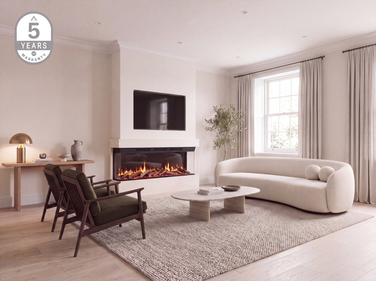 Arken 1500 built-in electric fire in a contemporary living room media wall