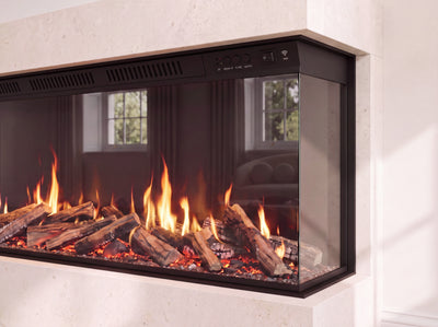 Close-up of Arken CrystalCore flames, glowing embers and decorative log set