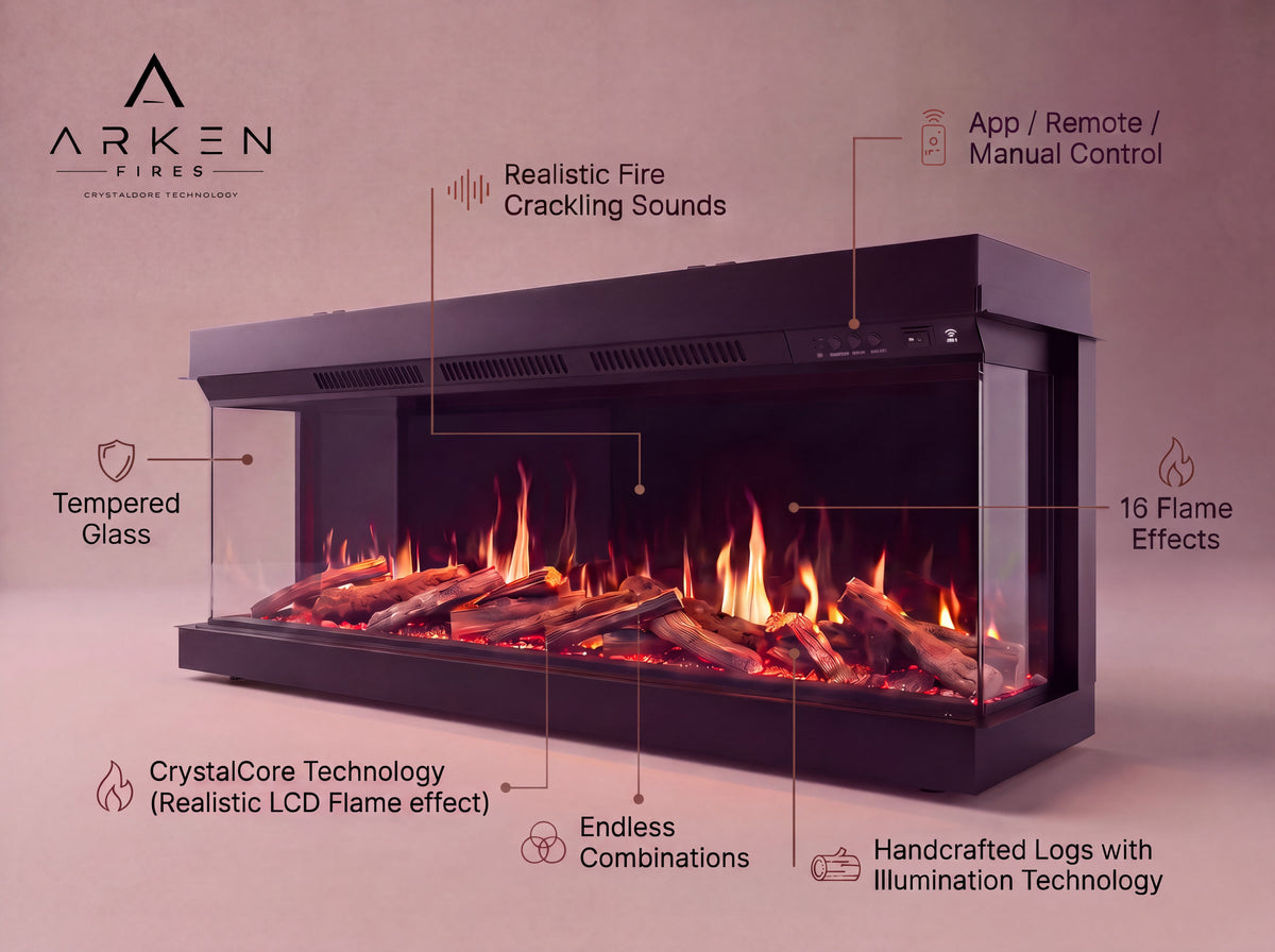 Arken electric fire key features: CrystalCore flames, 3-sided glass, app control