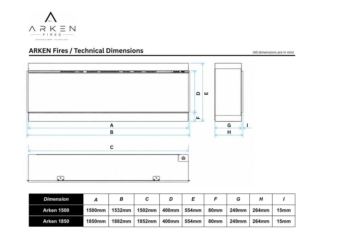 Arken 1500 and 1850 electric fire dimension chart