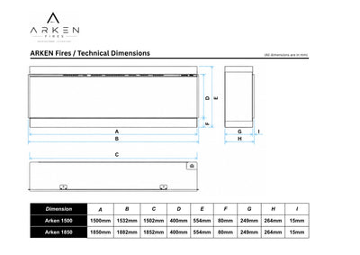 Arken 1500 and 1850 electric fire dimension chart